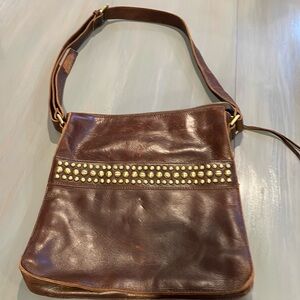 Brown leather HOBO Bag, gold studs, zipper & strap buckle.